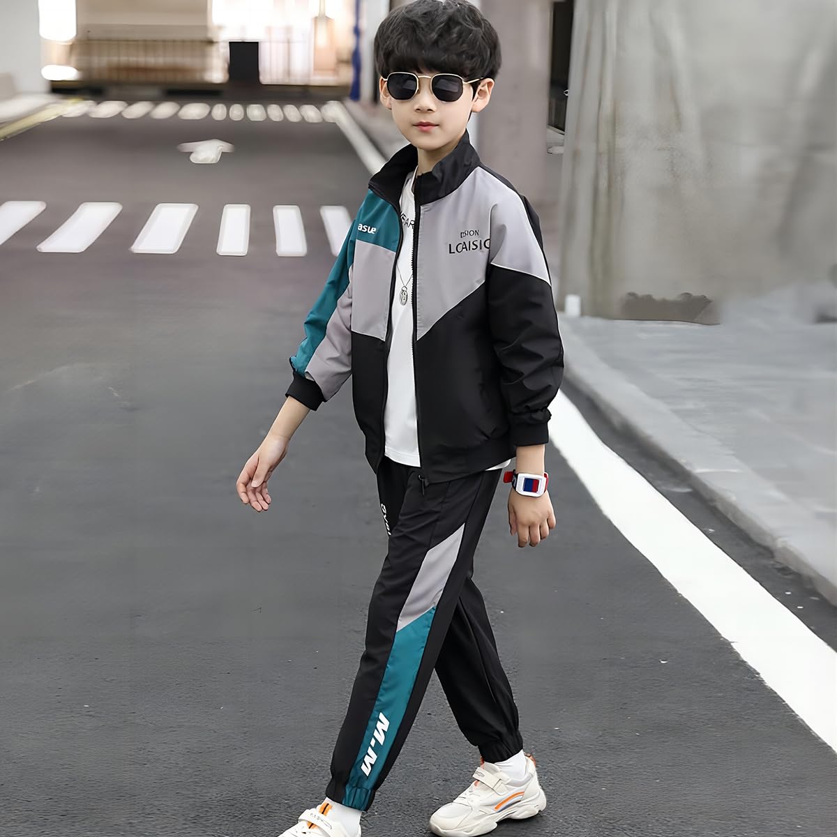 Linboo Kinder Jungen Trainingsanzug Farbblock Jogginganzug 2tlg Polyester