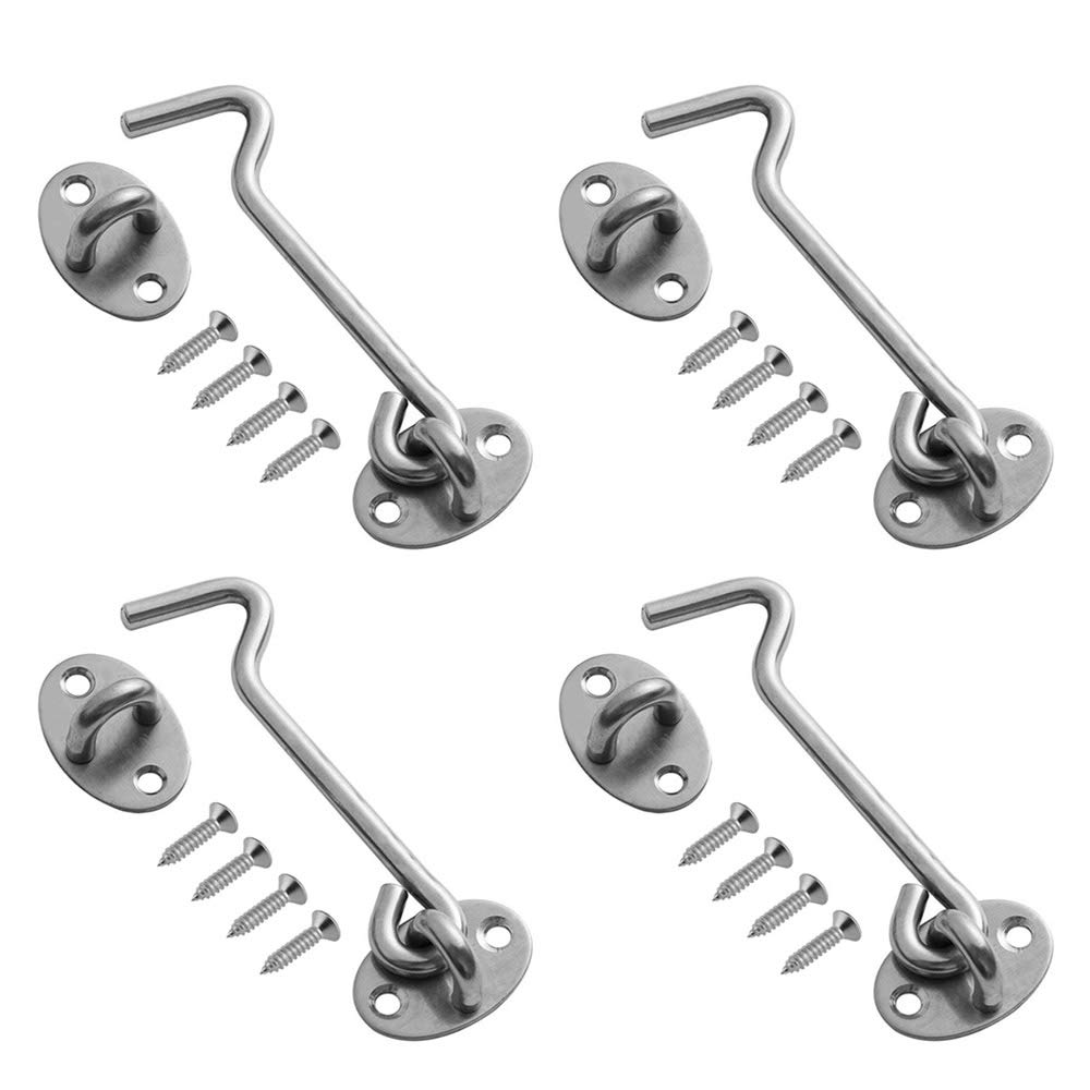 FYSL4 Pack 6 inch Cabin Hook Stainless Steel Cabin Hooks and Eye Latch Lock,Barn Door Latch with Mounting Screws for Gate Window Door Catch Silent Brace