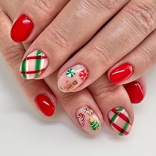 24Pcs Christmas Fake Nails Short Almond Press on Nails with Cute Gingerbread Man Candy Stripe Design Round Acrylic Glue on Nails Red Pink Full Cover False Nails for Women Winter Stick on Nails Decor
