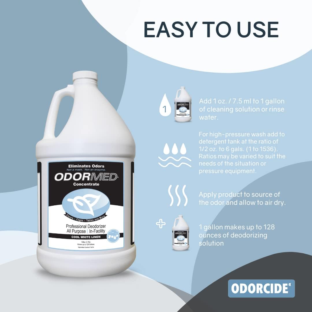 Odorcide Odormed Odor Eliminator Concentrate - Pet Odor Eliminator for Strong Odor on Floors, Walls, Cages & More - All-Purpose with Safe, Non-Enzymatic Formula (1 Gal, Cool White Linen)