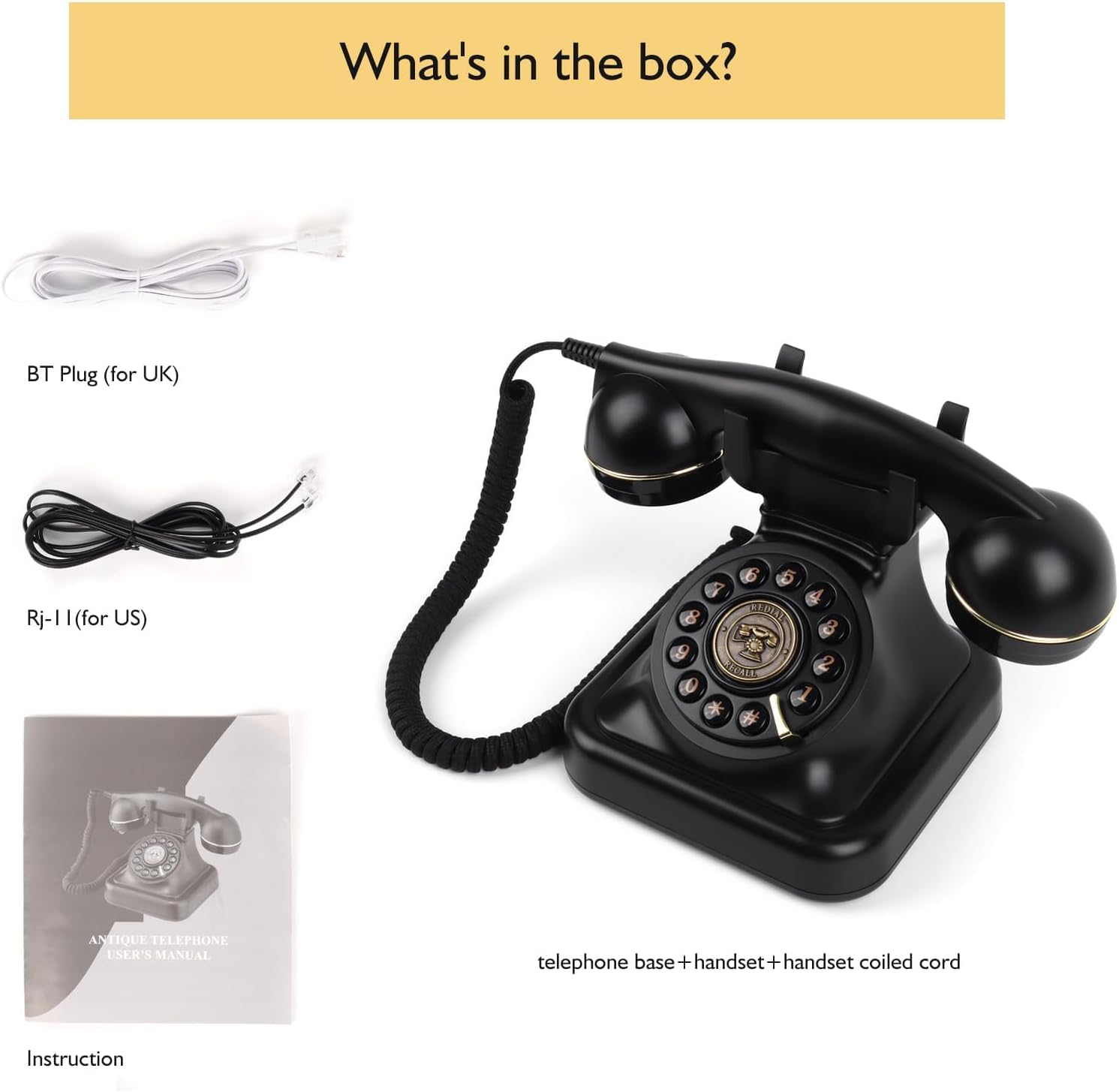 Telefono fisso retrò con selezione a pulsante, telefono vintage con volume della suoneria regolabile e funzione di ricomposizione, telefono retrò con filo per casa, ufficio, hotel, nero