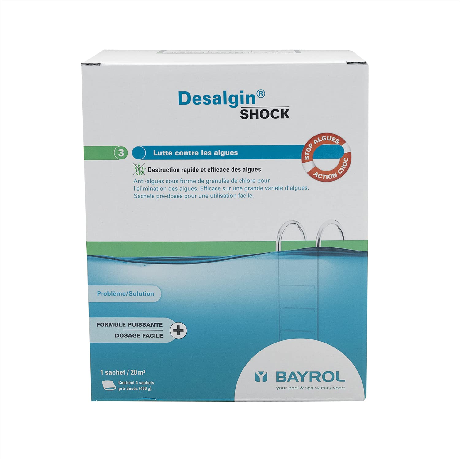 BAYROL DESALGIN Shock Granulés (Boîte de 4 sachets de 400g) - 1,6kg | Anti-Algues Curatif - Action Choc + 10 Tests HPS OFFERTS 6 en 1
