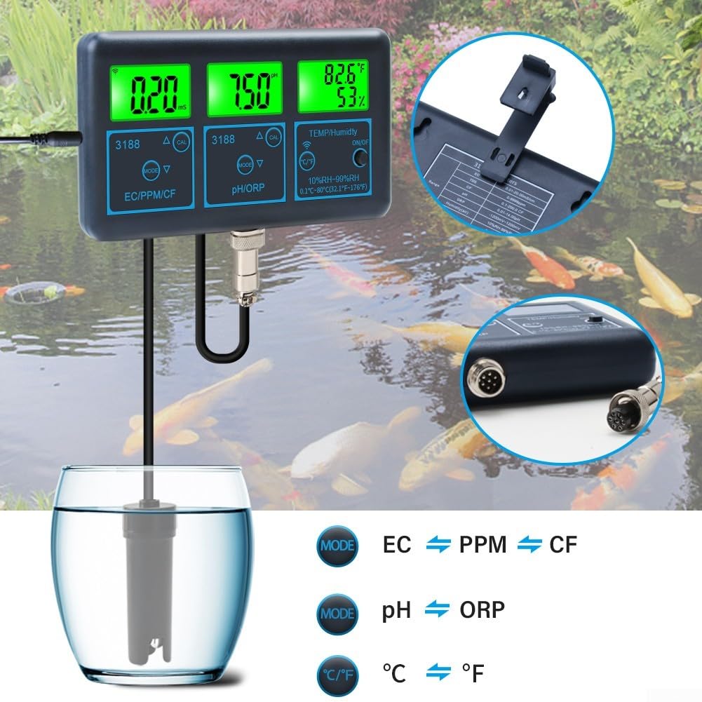 Analizador de calidad del agua 7 en 1 para piscina con cloro residual, pH, ORP, sal, temperatura, WiFi compatible con Tuya, funcionamiento por enchufe, sondas de alta precisión para piscina (UE)