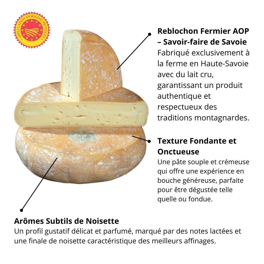 Reblochon de Savoie AOP Fermier – Fromage au Lait Cru de Vache – Pièce Entière 520g environ - Texture Onctueuse & Goût de Noisette – Idéal pour Tartiflette et Plateau