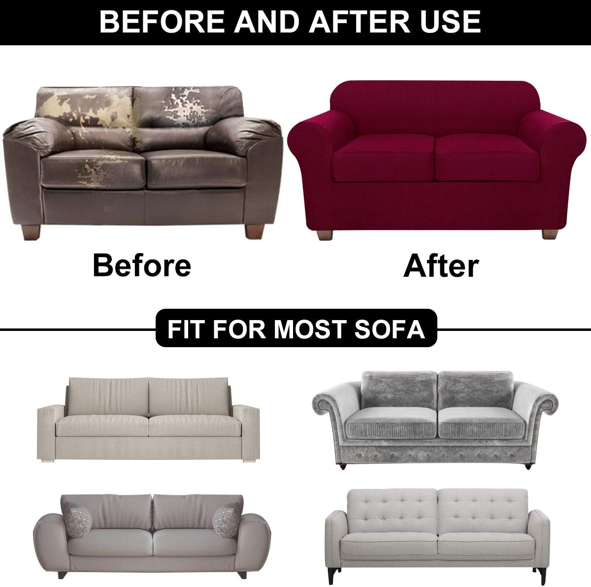 Sofa Couch Covers for 2 Cushion Couch, NORTHERN BROTHERS 3 Piece Stretch Loveseat Covers Slipcovers, Sofa Slipcovers for Couches and Loveseats (Base Cover Plus 2 Seat Cushion Covers, Wine Red) : Home & Kitchen