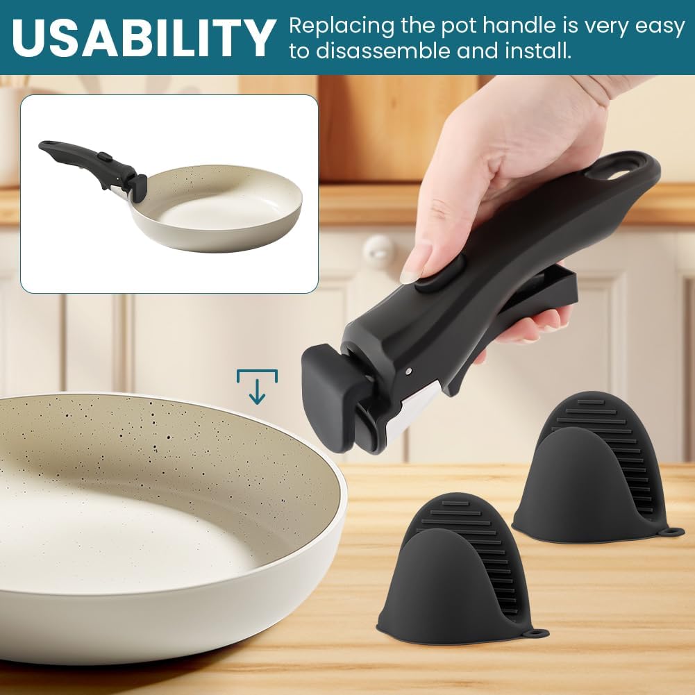 Detachable Pan Handle – Universal Grip w/ 2 Silicone Mitts, Heat-Resistant