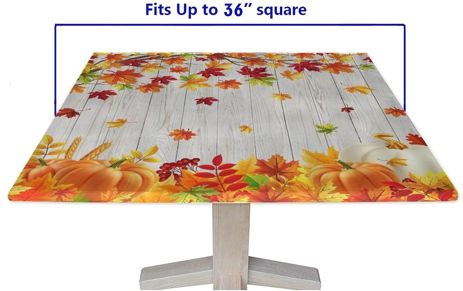 Fitted Square Tablecloths, Farmhouse Falling Maple Leaves Rustic Wooden Board Polyester Table Cover, for Outdoor Picnic Camping and Indoor Kitchen Dining Party, Fit for 36" x 36"Square Table