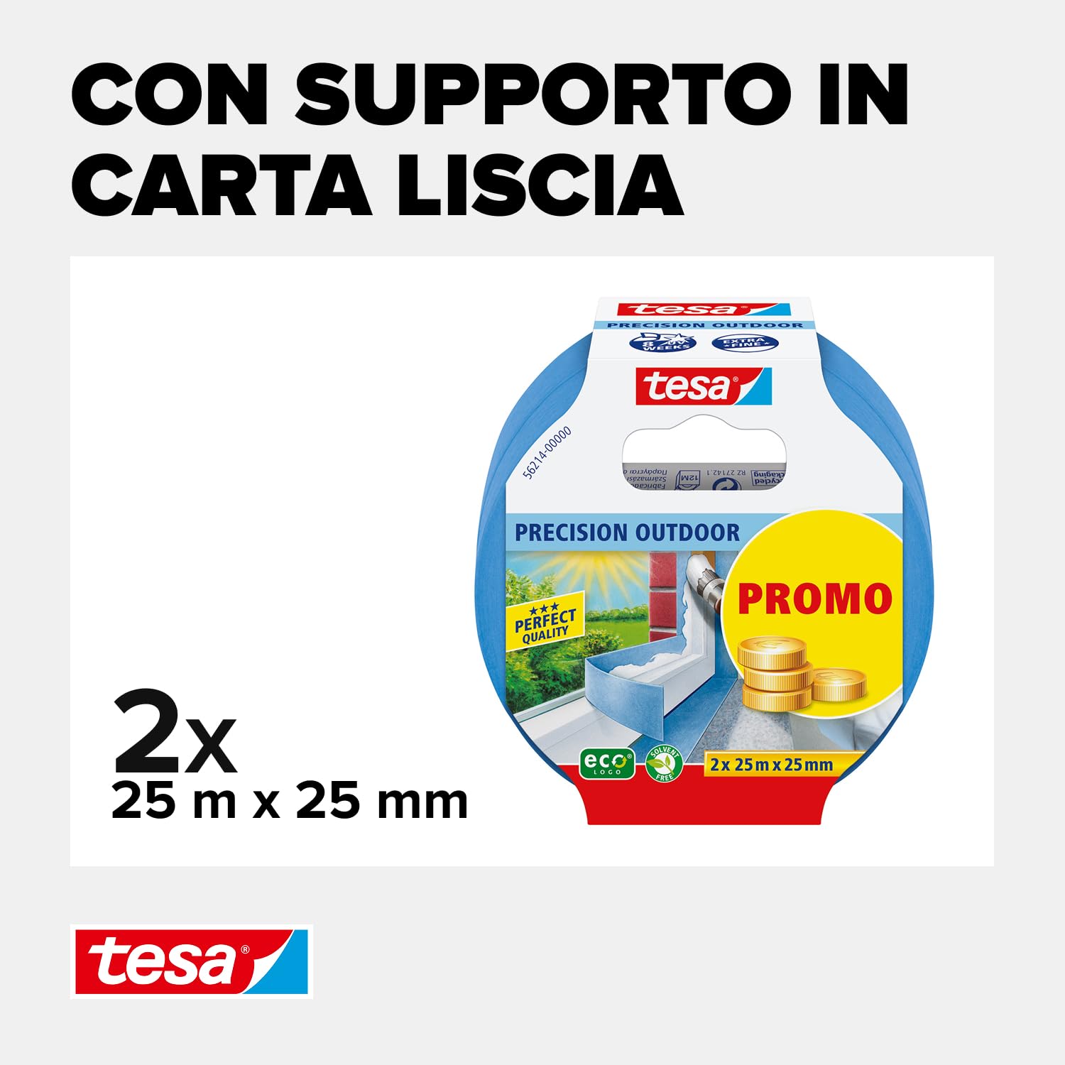 tesa Nastro per Mascherature da Esterni - Nastro adesivo sottile per mascherature precise all'aperto, resistente ai raggi UV e alle intemperie - 2x 25 m x 25 mm