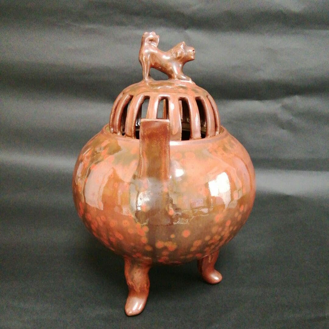 Amazon｜香炉 宝珠焼 柿釉耳付獅子香炉 桐箱付き（合わせ箱) 昭和