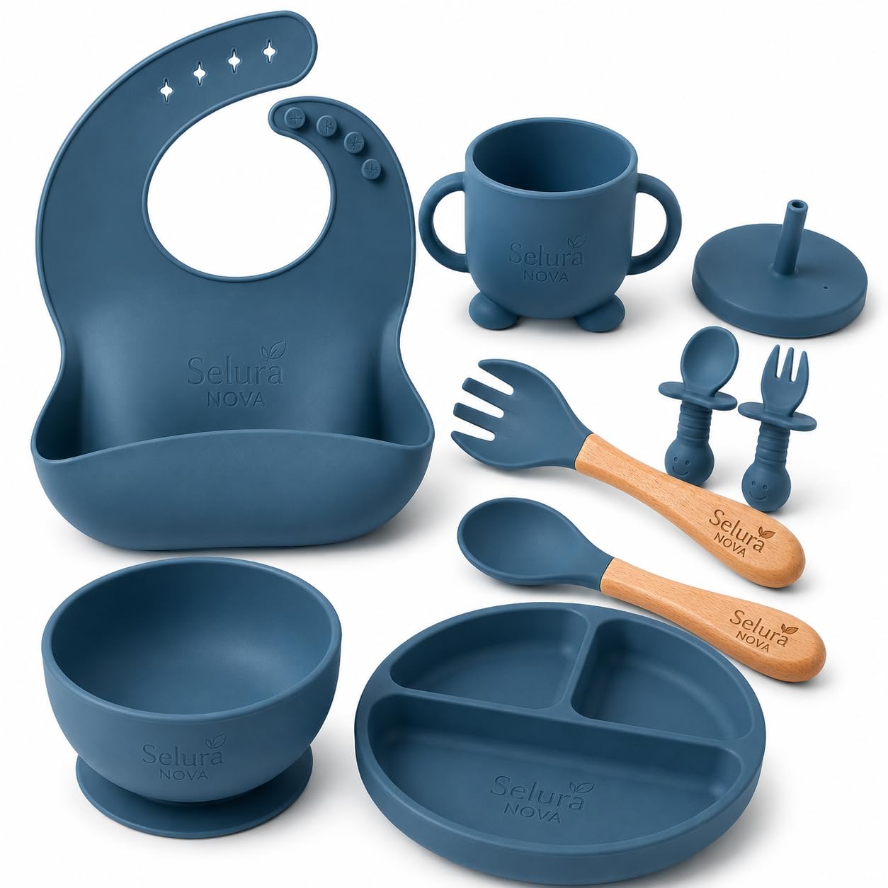 Silicone Baby Feeding Set 8 PCS Light Blue | BPA Free Food Grade Silicone Baby Weaning Set | Suction Bowl Plate Spoon Bib Cup | Non Toxic Baby Safe Toddler Feeding Set | Gift for Newborn-image-33