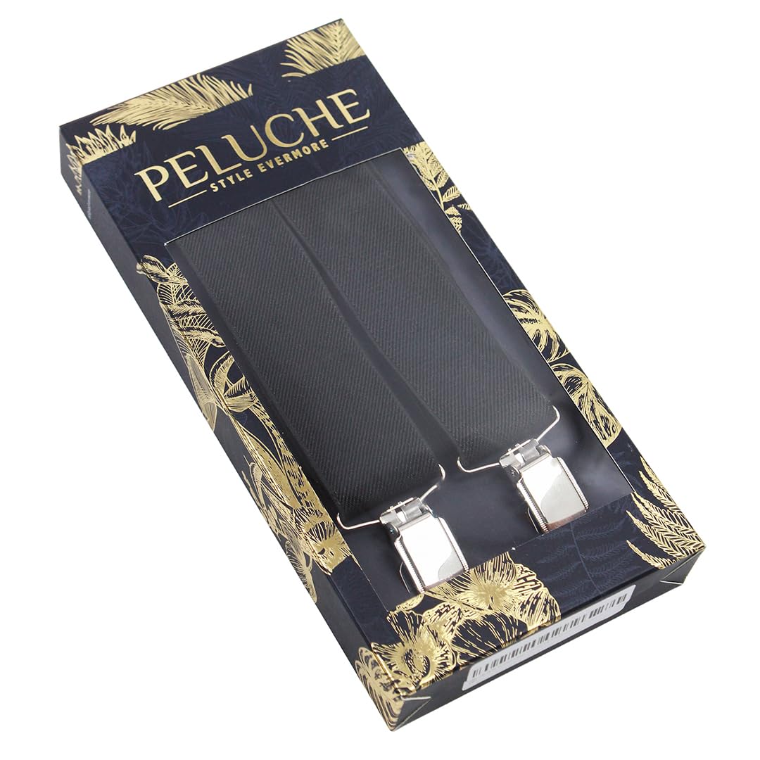 Peluche Plain Black Black Coloured 3.5cm Strap Width Elastic Suspenders for Men - Image 7 thumbnail