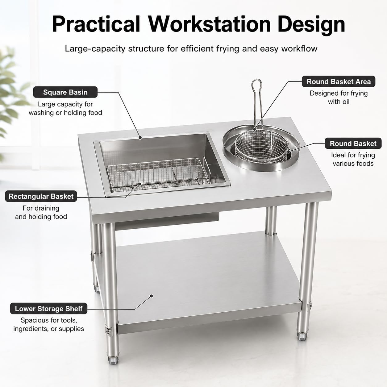 Station de cuisson commerciale en acier inoxydable – Table de préparation de poulet frit | Plan de travail de cuisine robuste | Équipement de restaurant facile à nettoyer