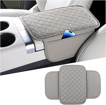 Bling Car Center Console Cover, Leather Crystal Rhinestone Vehicle Armrest Cushion Pad with Side Storage Bags, Scratch Resistant Auto Middle Console Protection Mat, Universal Fit Gray