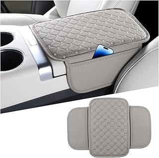 Bling Car Center Console Cover, Leather Crystal Rhinestone Vehicle Armrest Cushion Pad with Side Storage Bags, Scratch Resistant Auto Middle Console Protection Mat, Universal Fit (Gray)