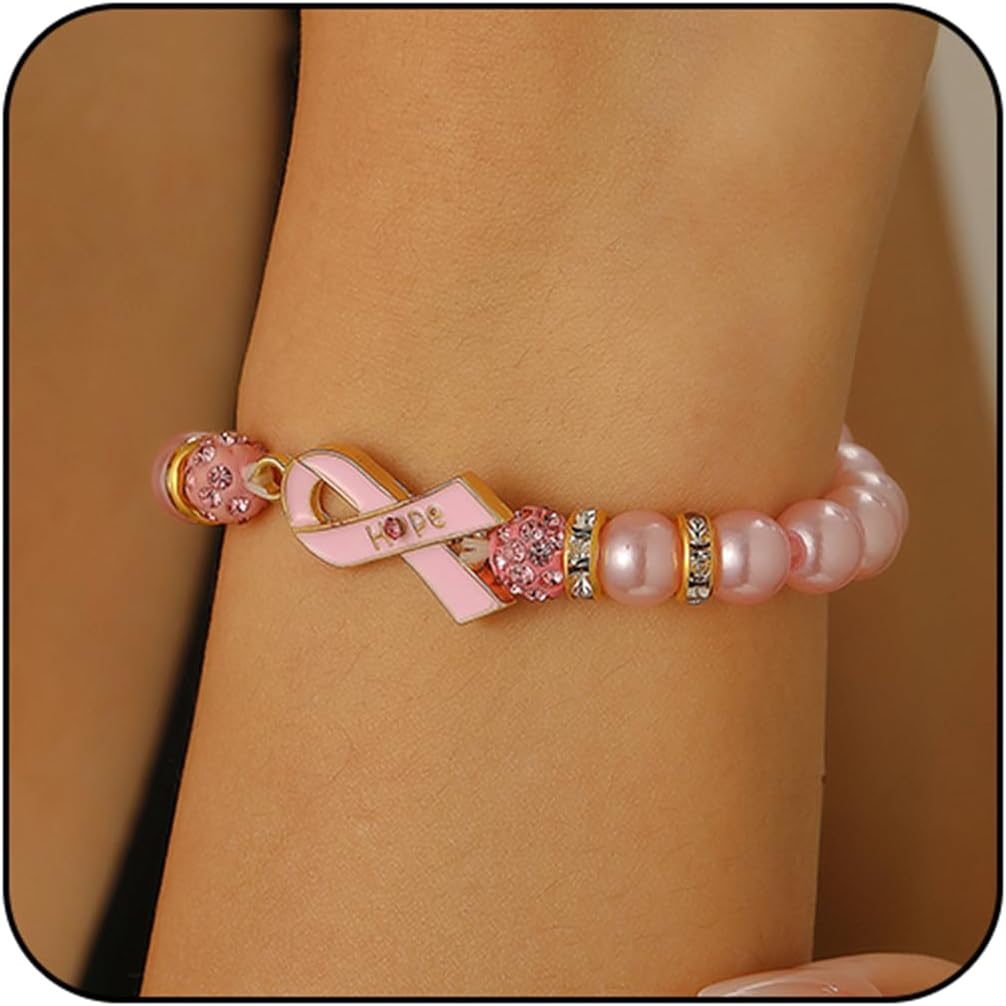 Breast Cancer Bracelets for Women Charm Pink Ribbon Beads Accessories Stretch Handmade Bracelet Cancer Awareness Encouragement Bracelet Jewelry Gifts