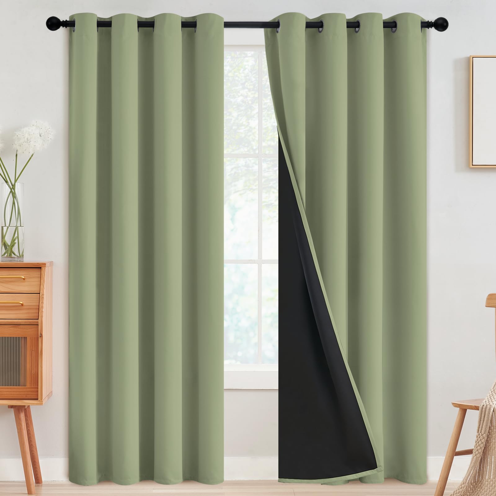 SimpleHome 100% Blackout Curtains for Bedroom,Thermal Insulated Sage Grommet Window Drapes Room Darkening Curtains for Living Room with Black Back,52