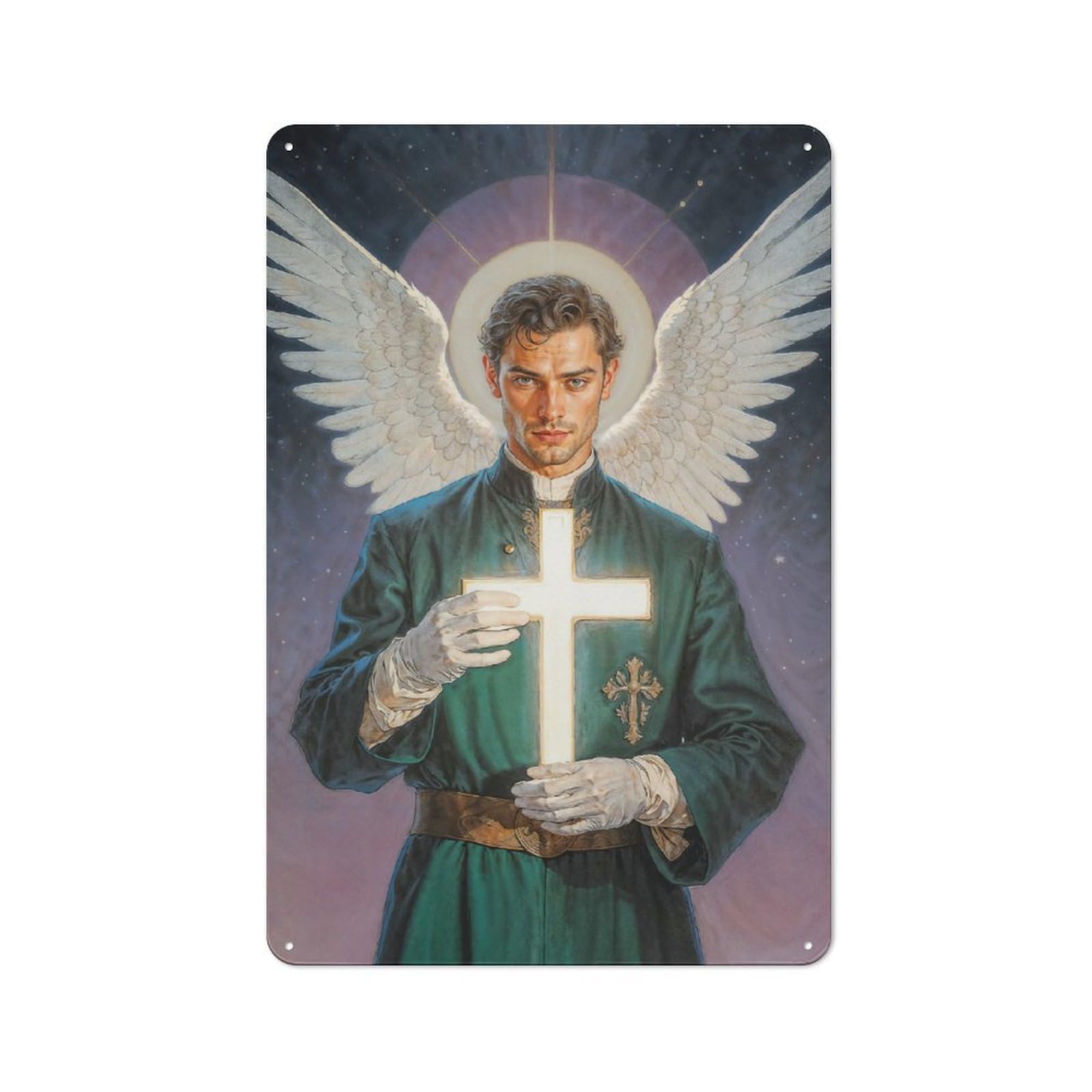 Archangel Raphael Holding Glowing Cross Rustic Metal Wall Decor 30x20cm, Decorative Metal Plaque for Shed, Garden Room, Porch Or Garage