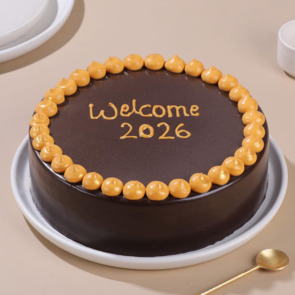 FlowerAura Premium New Year Special Fresh Yummy 1Kg Golden Chocolate Eggless Cake | Cake For 2026 Celebration, New Years's Eve, Desserts, Parties & Social Gatherings (Same Day Delivery)-image-17