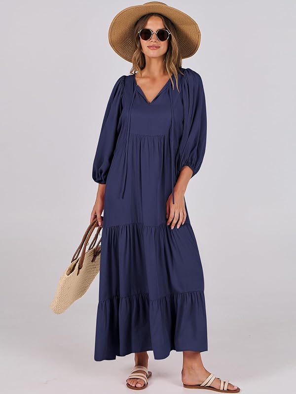 ANRABESS Womens Boho Floral 3/4 Puff Sleeve Maxi Dress Navy Blue L by ANRABESS - Used condition - Image 7