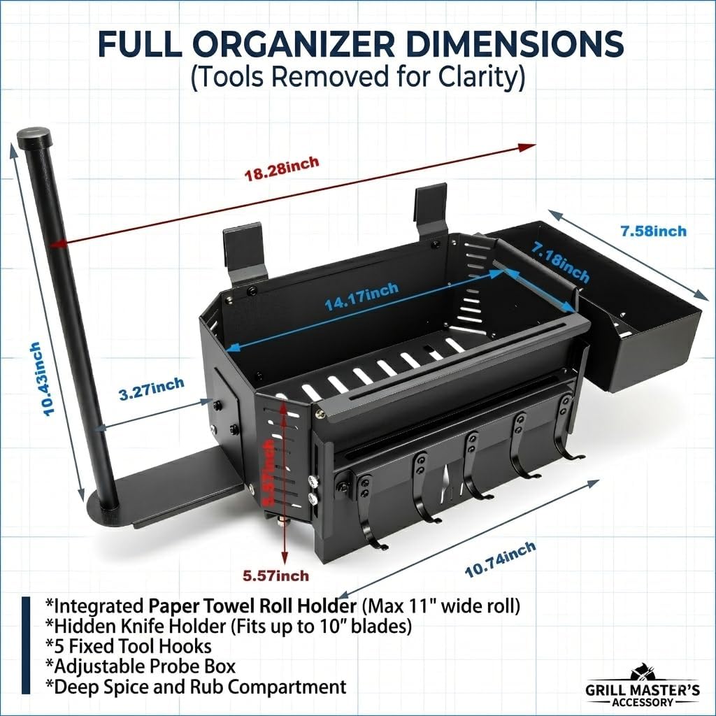 Magnetic Grill Storage Bin Organizer with Paper Towel Holder for Traeger Ironwood 650/885, Pro 575/780/34/22, Pit Boss & Z-Grills, Smoker Grill Accessories
