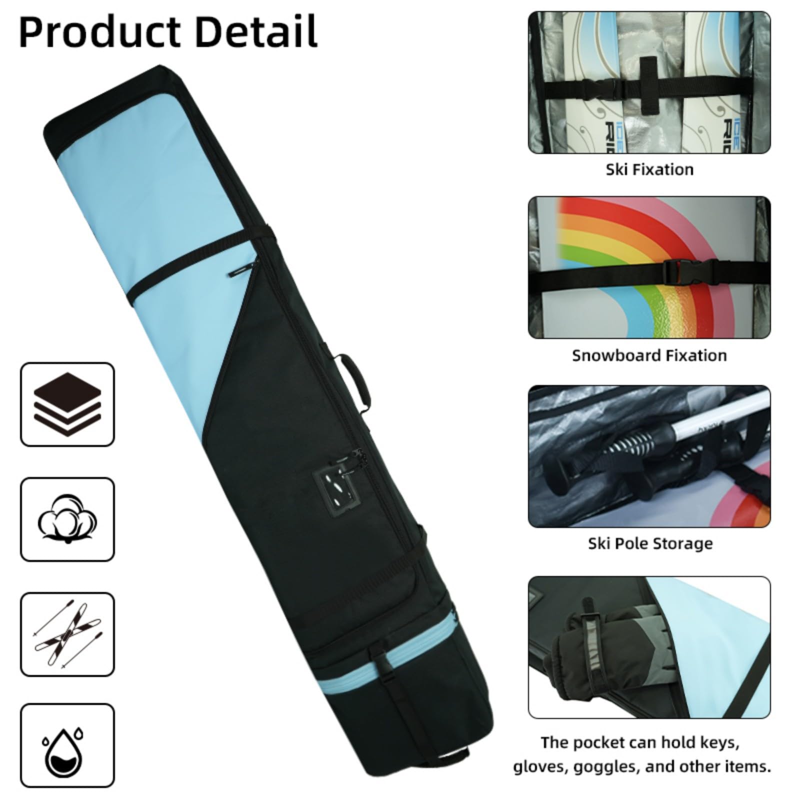 AUMTISC Snowboardtasche, Snowboard Bag gepolstert，robuste Skitasche mit wasserdichtem Innenfutter, verstellbare Schultergurte, passend für 155 cm-180 cm Snowboards, Schwarz/Blau