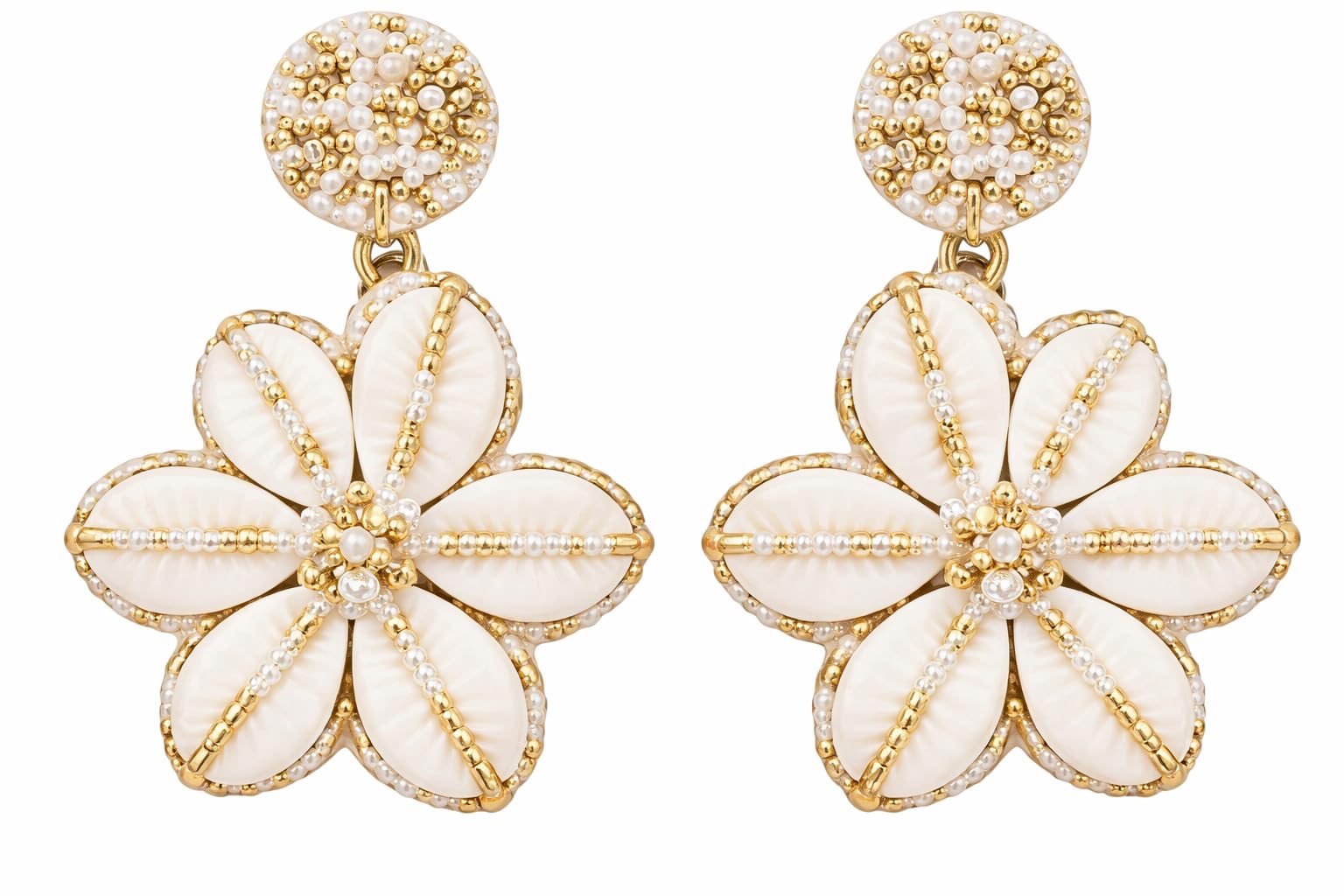 Handmade Beaded Floral Drop Earrings for Women – White & Gold Statement Dangle Earrings – Lightweight Fashion Jewelry for Party, Wedding & Special Occasions