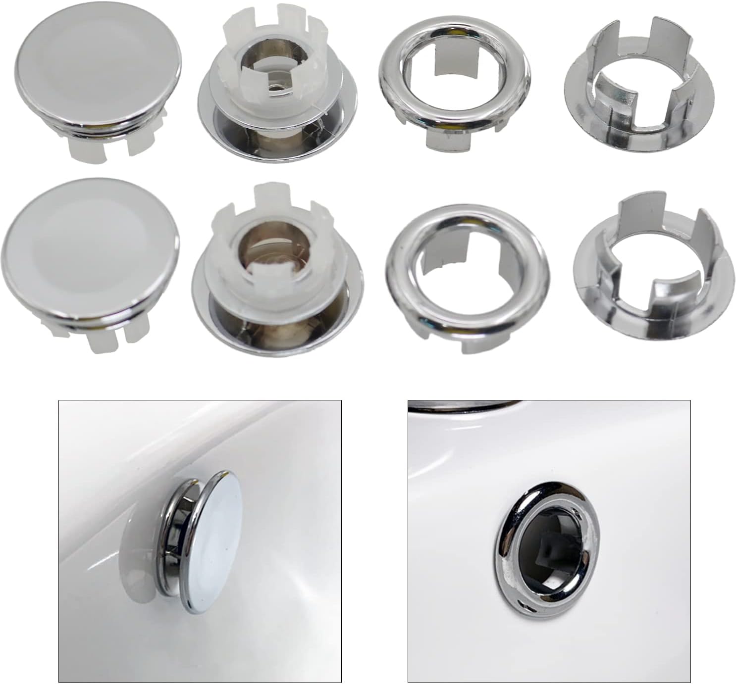 Sink Overflow Ring Set, Round Overflow Hole Cover for Bathroom Kitchen Sink, Basin Trim Tidy Drain Cap Cover, 8 Pack 4 Rings & 4 Covers