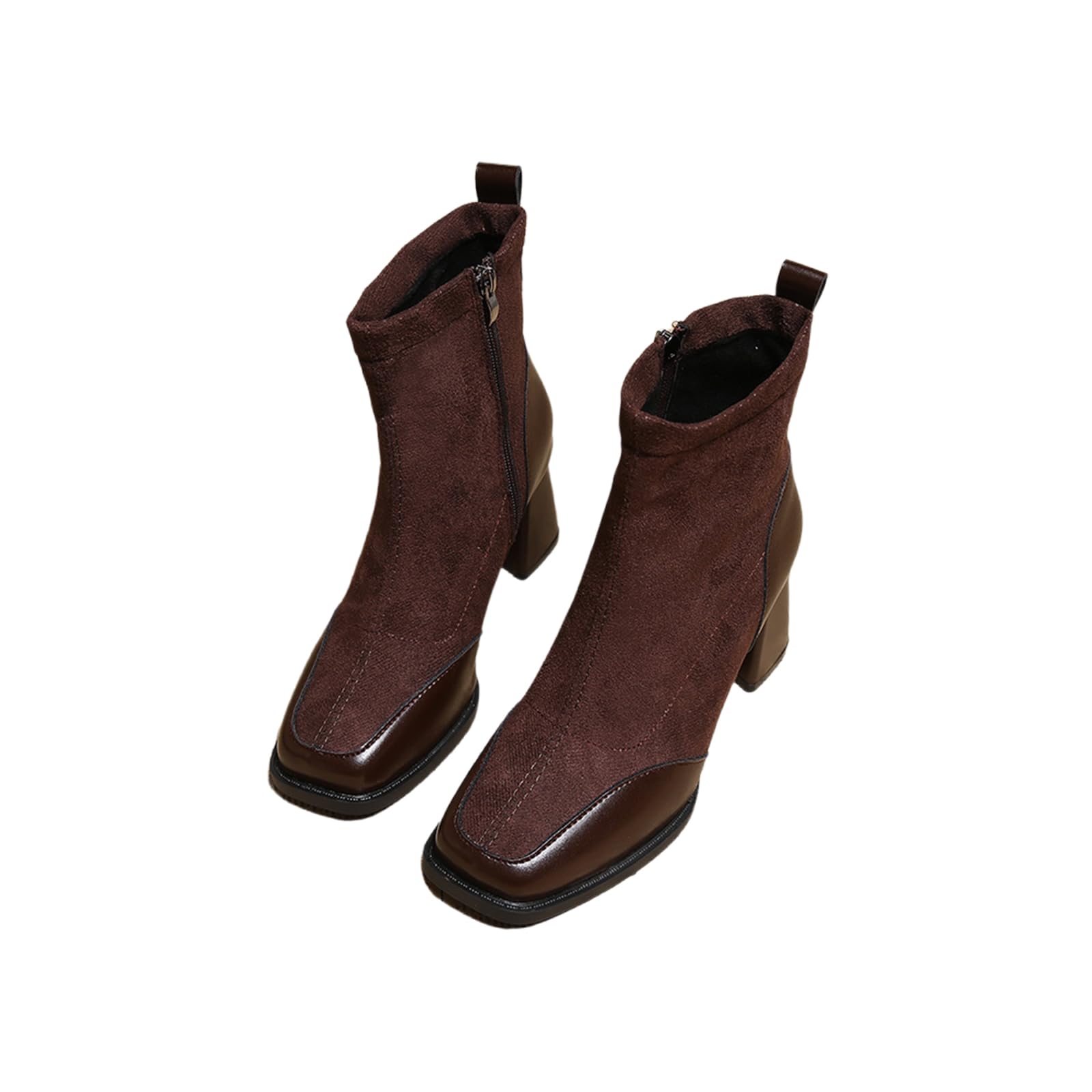 Womens Square Toe Chunky Heel Ankle Boots - Simple Side Zipper Splicing Dress Sock Fashion Comfortable Mid Calf
