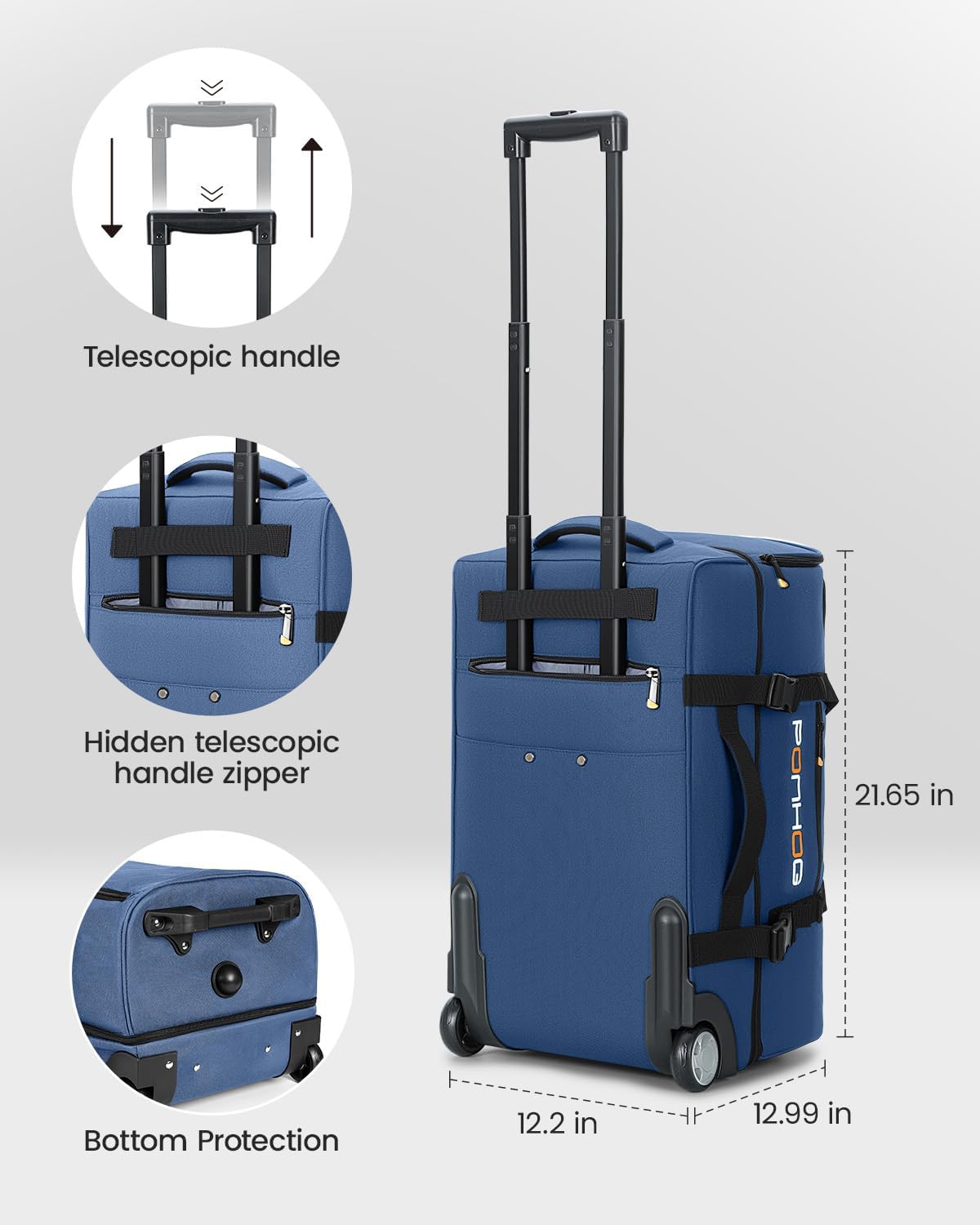 21 Inch Rolling Duffle Bag with Wheels for Men - Water Resistant Wheeled Duffle Bag for Weekend Travel & Overnight Trips, Blue - Image 4