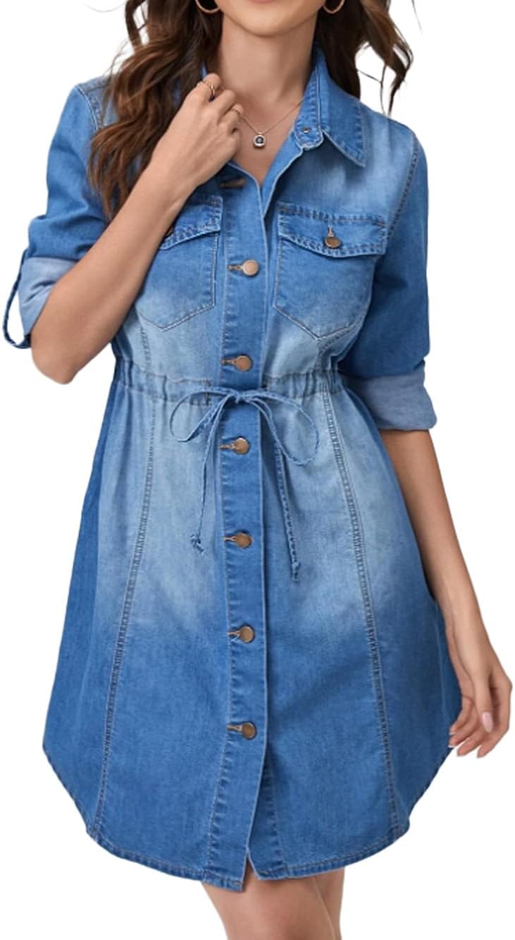 Denim Dress for Women Button Down Casual Long Sleeve A-Line Belted Midi Jean Dresses with Pockets