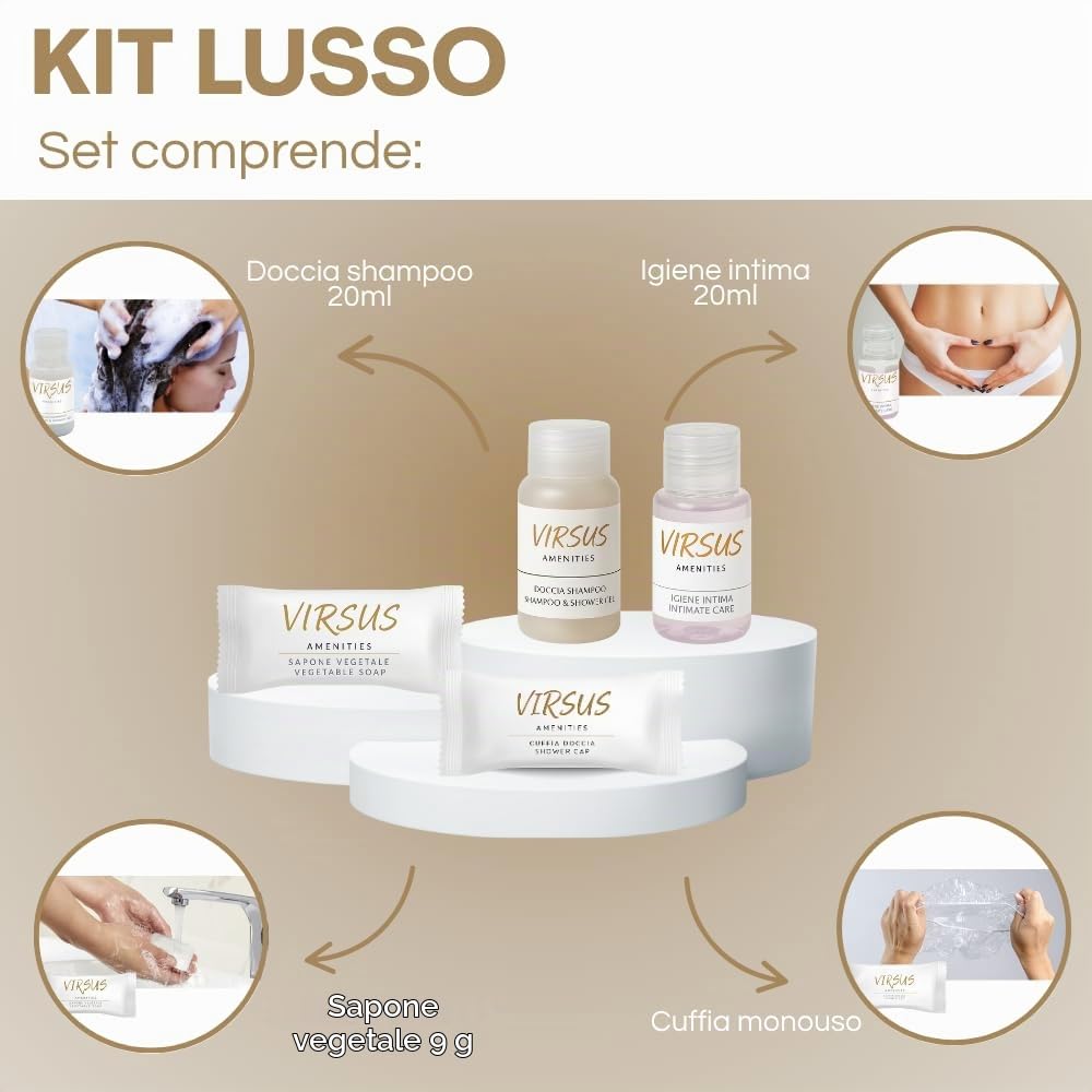 Virsus 400 Pezzi Kit Cortesia LUSSO: 100 Flaconi Igiene intima da 20ml, 100 Flaconi Doccia Shampoo da 20ml, 100 Saponette da 9gr, 100 cuffie monouso in bustina per Albergo Hotel B&B, Linea cortesia