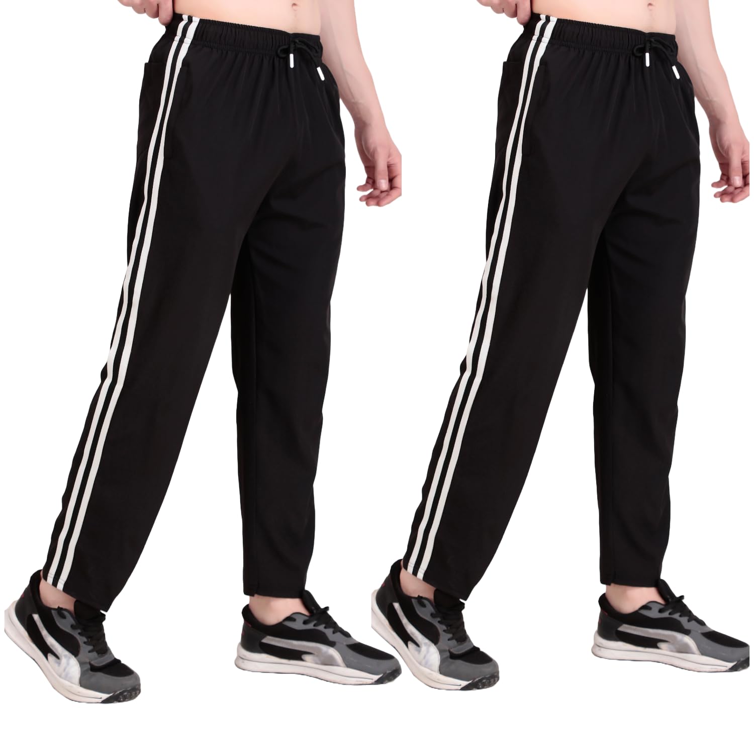Athletic 2 Combo Track Pants for Men, Black with White Side Stripes, Elastic Waist, Two Side Pocket Zipper-picture-10