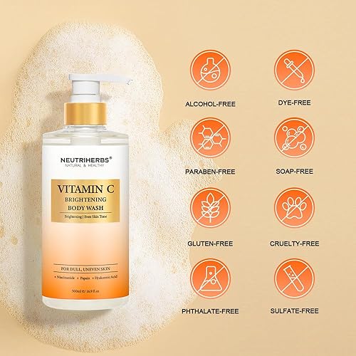 Miniatura 4 de Neutriherbs Gel de ducha iluminador para piel opaca y desigual, gel de ducha iluminador con vitamina C para mujeres y hombres, jabón de ducha diario