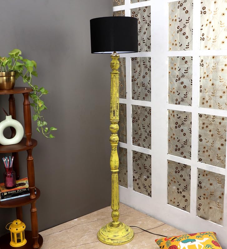 Image of tu casa Mango Wooden Floor Lamps with Black Shade for Home Decor, Bedrooms Corner, Living Room, Gifting, Diwali Decoration, Hall, Office, Study Room (Height: - 56 inch) - Bulb not Included