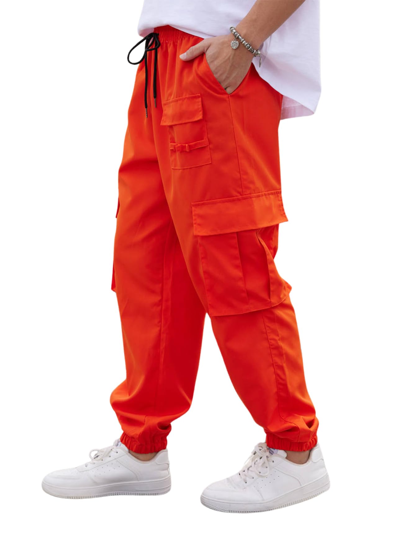 OYOANGLE Men's Drawstring Waist Flap Pocket Jogger Cargo Pants