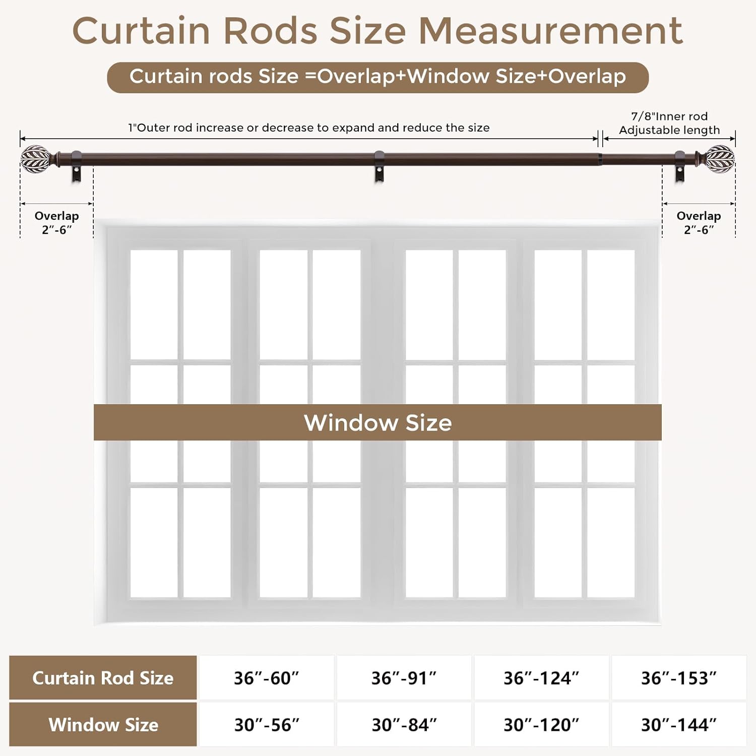 2 Pack Boho Wood Curtain Rod, Walnut Decorative Curtain Rods for Windows 30 to 56 Inch with Handmade Wood Grain Leaf Finials, 1 Inch Adjustable Heavy Duty Window Treatment Rods, Easy Install