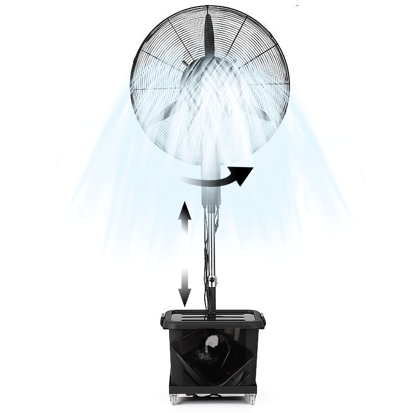 JKJZSALJ Outdoor Fan Misters For Cooling,Misting 90°Oscillating Pedestal Fan,3 Wind Modes Stand Fan With Mist,Adjustable Height,Industrial,Black