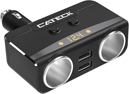 Cateck Divisor de Encendedor de Cigarrillos de 1 a 2 Conectores, Adaptador Cargador USB Doble para Coche con Pantalla de Voltaje Compatible paraiPhone7 7s iPad Mini Samsung Galaxy, Voltaje de 12-24V