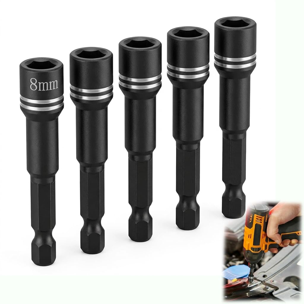 8mm Hex Bit Socket Set, 5PCS Nut Driver and Hex Bit Tool Kit, Durable Metal Socket Driver for Screws, Length Power Screw Drill Bits Socket Wrench Tools with 1/4, Home Workshop, DIY, and Garage Use