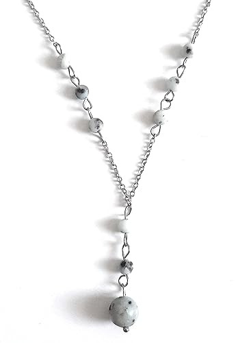 Natural Crystal Bead Lotus Jasper Stone Y Shaped Lariat Necklace Non-Tarnish Steel Chain