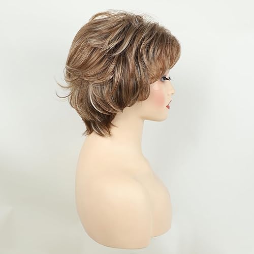 Miniatura 3 de TISHINING Pelucas cortas de corte Pixie marrón para mujeres blancas, mezcla de marrón, rubio, peluca ondulada en capas con flequillo, peluca