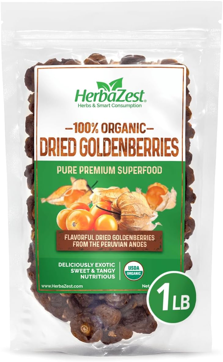 HerbaZest Goldenberries Dried Organic - 16oz (454g) - Vegan & USDA Certified - Deliciously Exotic - Perfect for Snacks, Baked Goods, Yogurt, Cereal & Smoothies