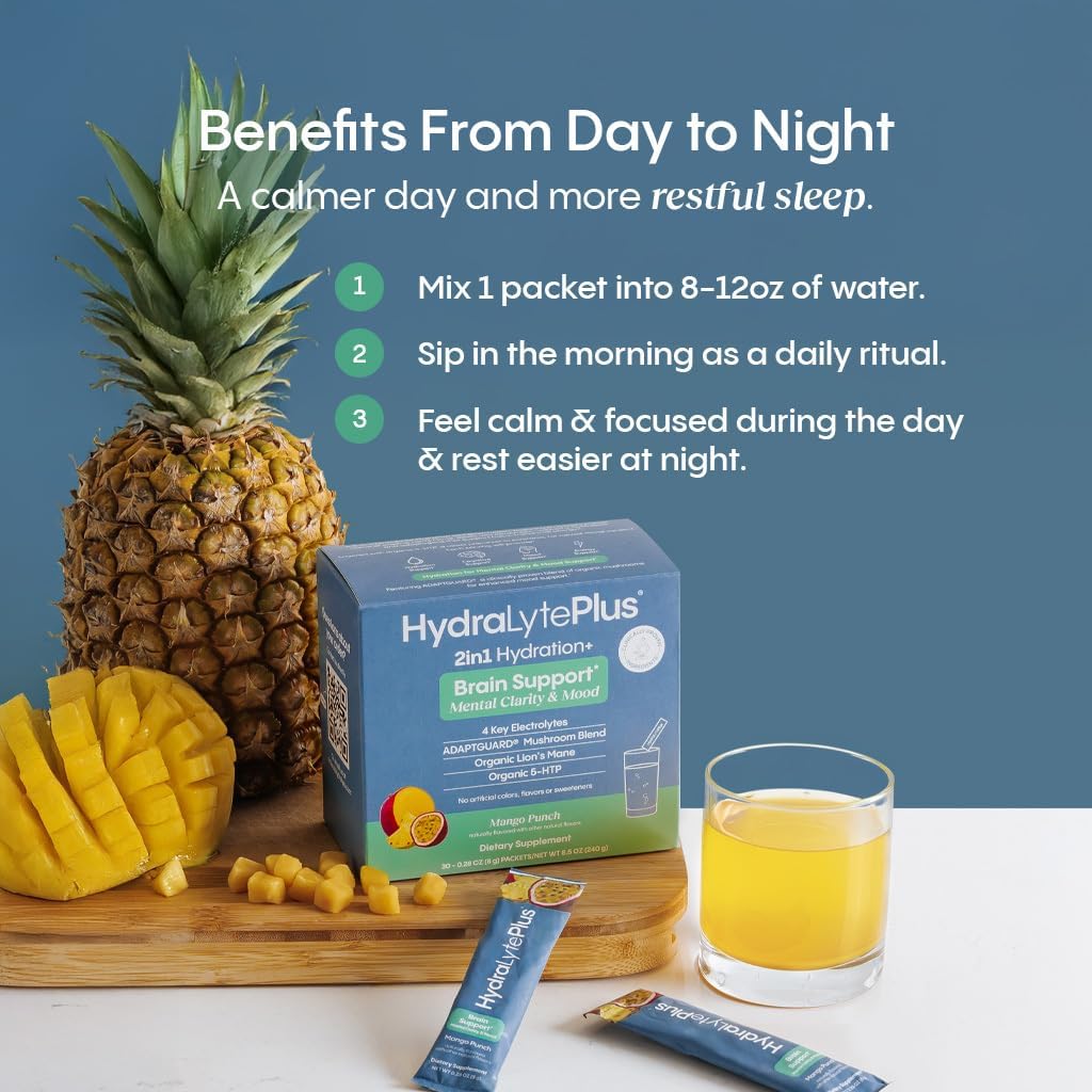 Hydralyte Brain Support - Memory & Focus | Electrolytes + Organic Lions Mane, Reishi, Cordyceps & 5-HTP | Adaptogen Drink Mix with Mushroom Powder | Support Focus and Mood (30 Pack, Mango Punch)