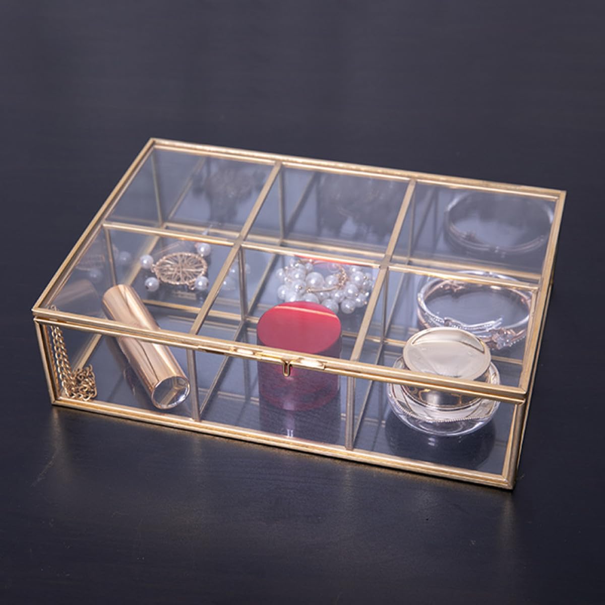 KICHOUSE Schmuckkästchen mit 6 Fächern, Legierung und Glas, Multi Slot | Ringe und Halsketten, Transparentes Design, für Schmuckläden und Zuhause