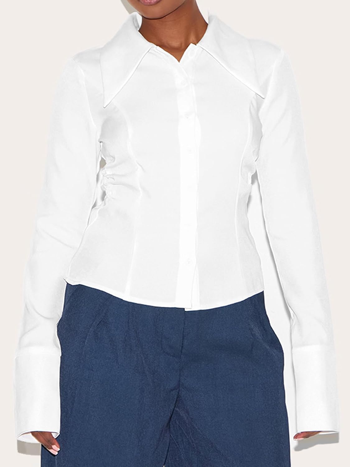 SUNNOW Women's Long Sleeve Shirt with Oversized Collar Slim Fit Blouse Elegant Stand Out Lapel Top - Image 3