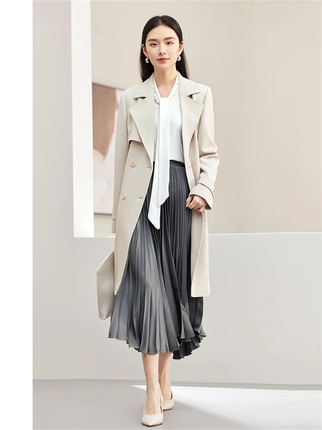 Trench da donna con doppio risvolto e cintura, stile business, doppiopetto, mezza lunghezza