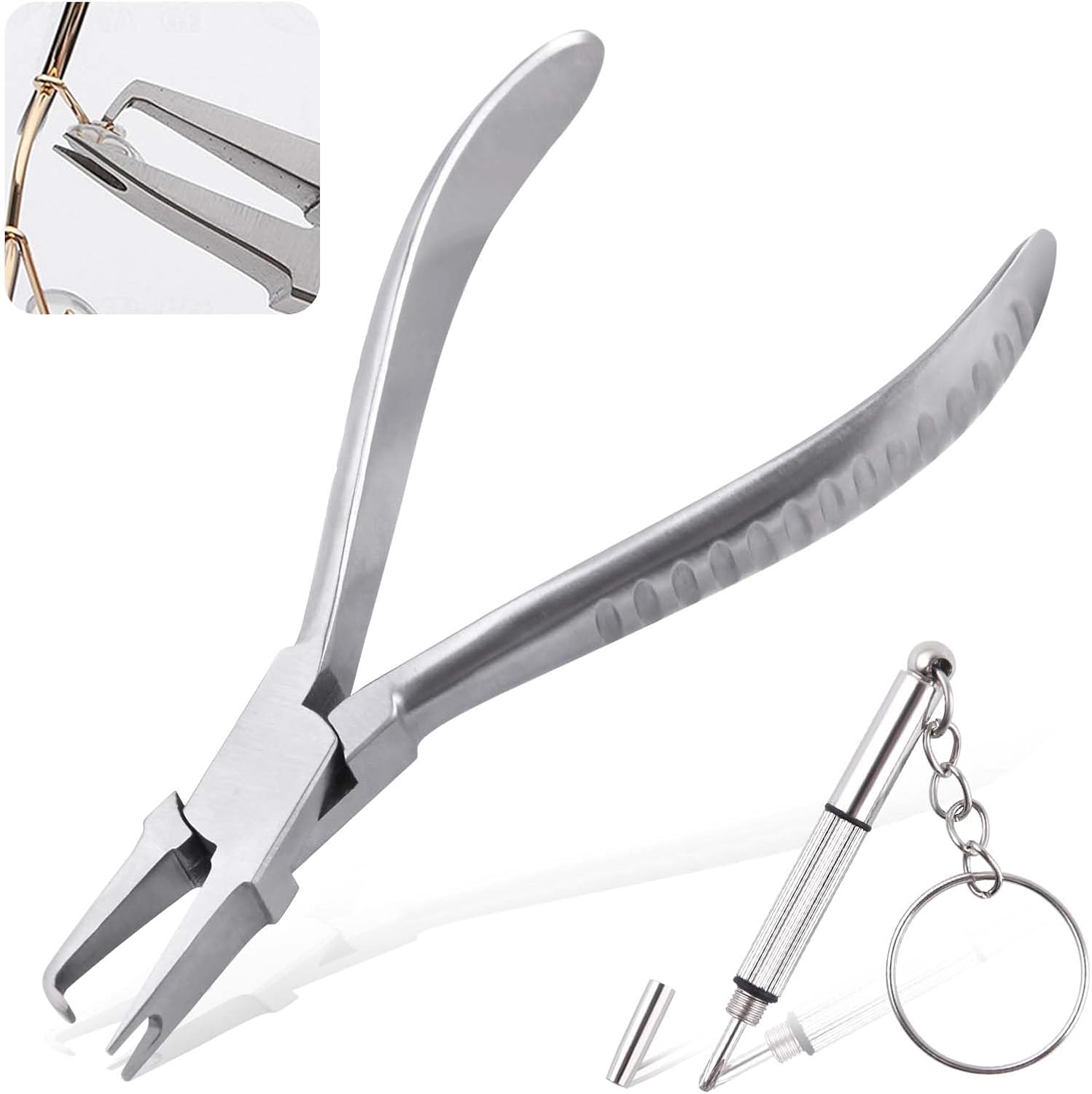 Eyeglasses Frame Pliers, Unload Push in Nose Pad Plier, 6 Inches Spring Loaded Nose Pad Remover Adjustment Tools, Stainless Steel Optical Pliers, Eye Glasses Repair Kit with Mini Screwdriver