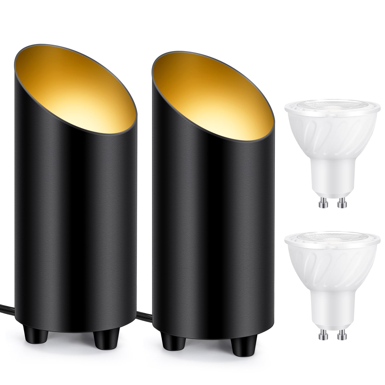 2 Pack Indoor Can Light, Uplighting Spotlight with Four 3000K GU10 Bulbs, Accent Lighting Spot Lights for Home Picture Plant, 5.5 FT Plug Cord & Foot Switch (Black)