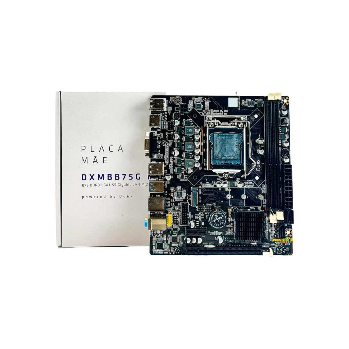 Angled view of the Duex DXMBB75S M2 motherboard, showcasing its components and layout.