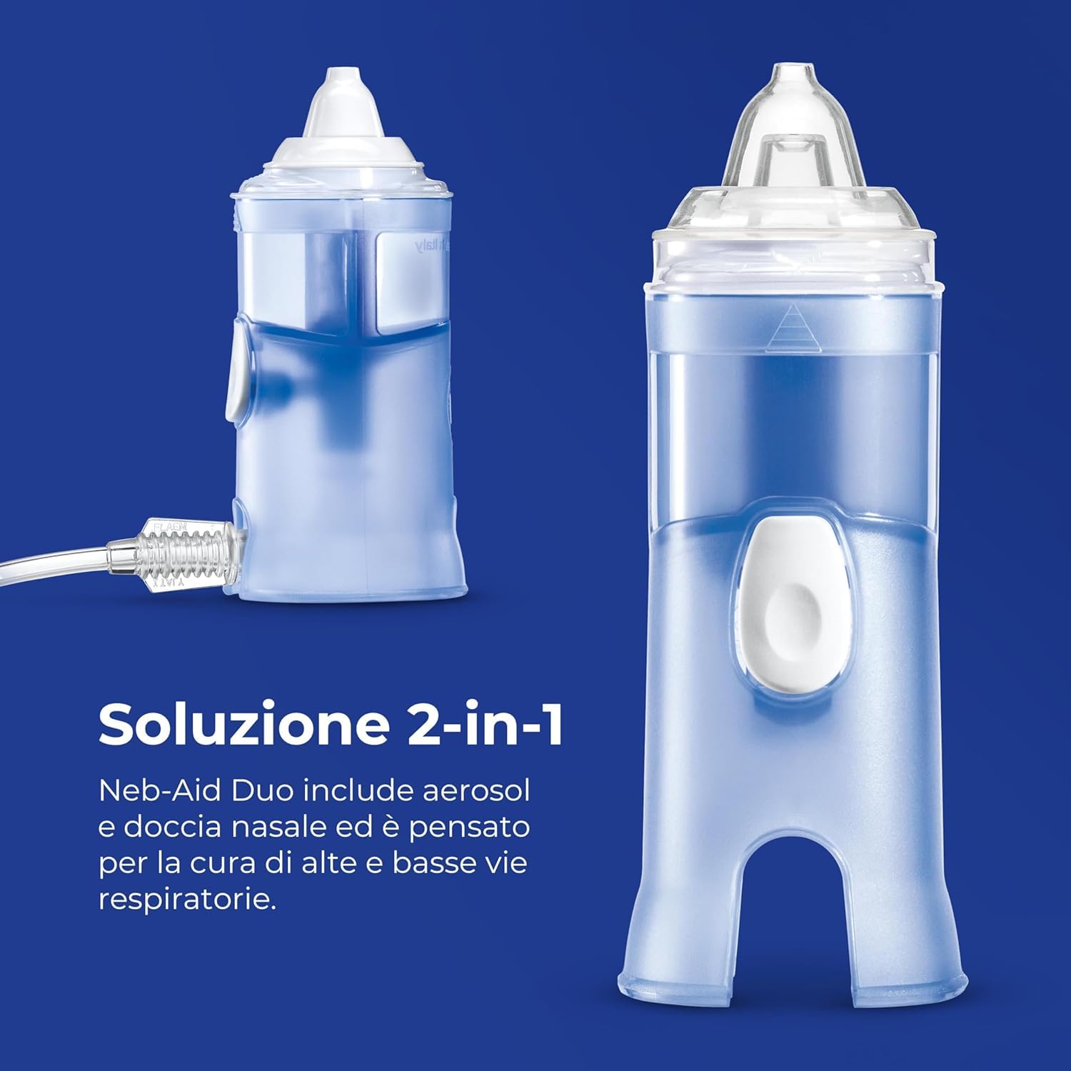 Flaem, Neb-Aid Duo, Aerosol Compatto per le Alte e Basse Vie Respiratorie con Mascherine Soft Touch e Filtro dell’Aria e Doccia Nasale, Prodotti Certificati e Made in Italy